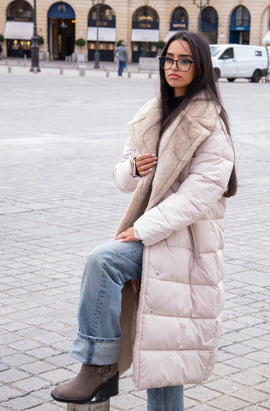 Long Down Jacket with Shearling-Effect Collar