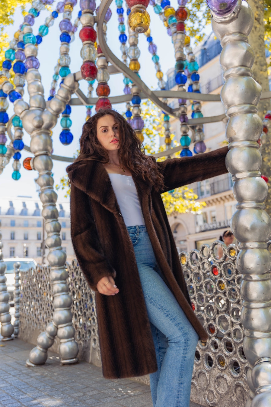 Long Striped Faux Fur Coat