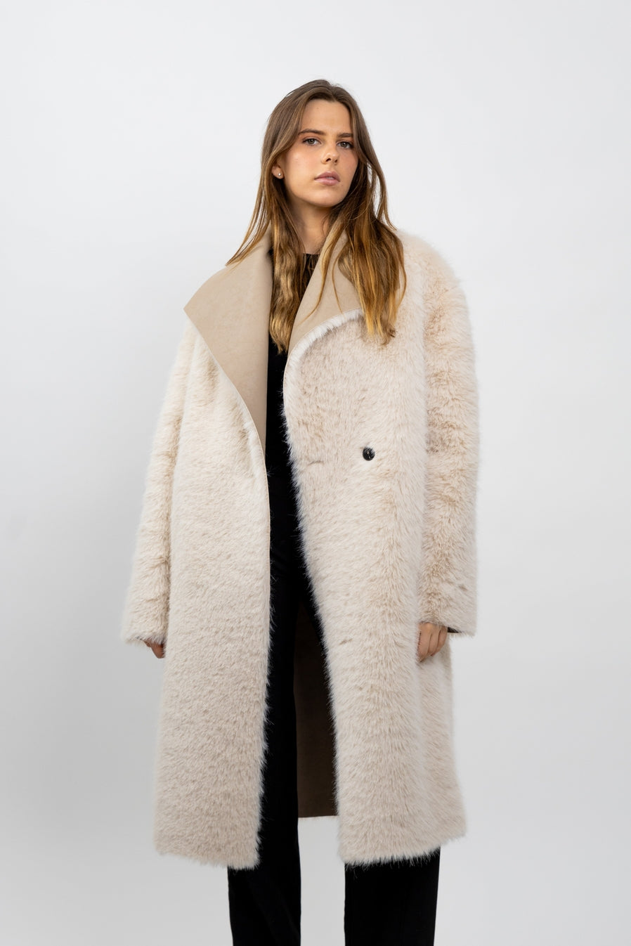 Reversible Long Coat Faux Fur / Faux Leather