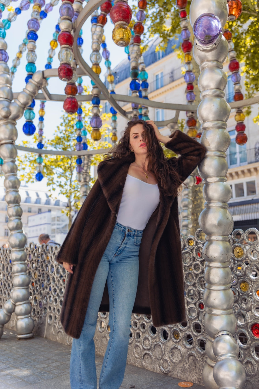 Long Striped Faux Fur Coat