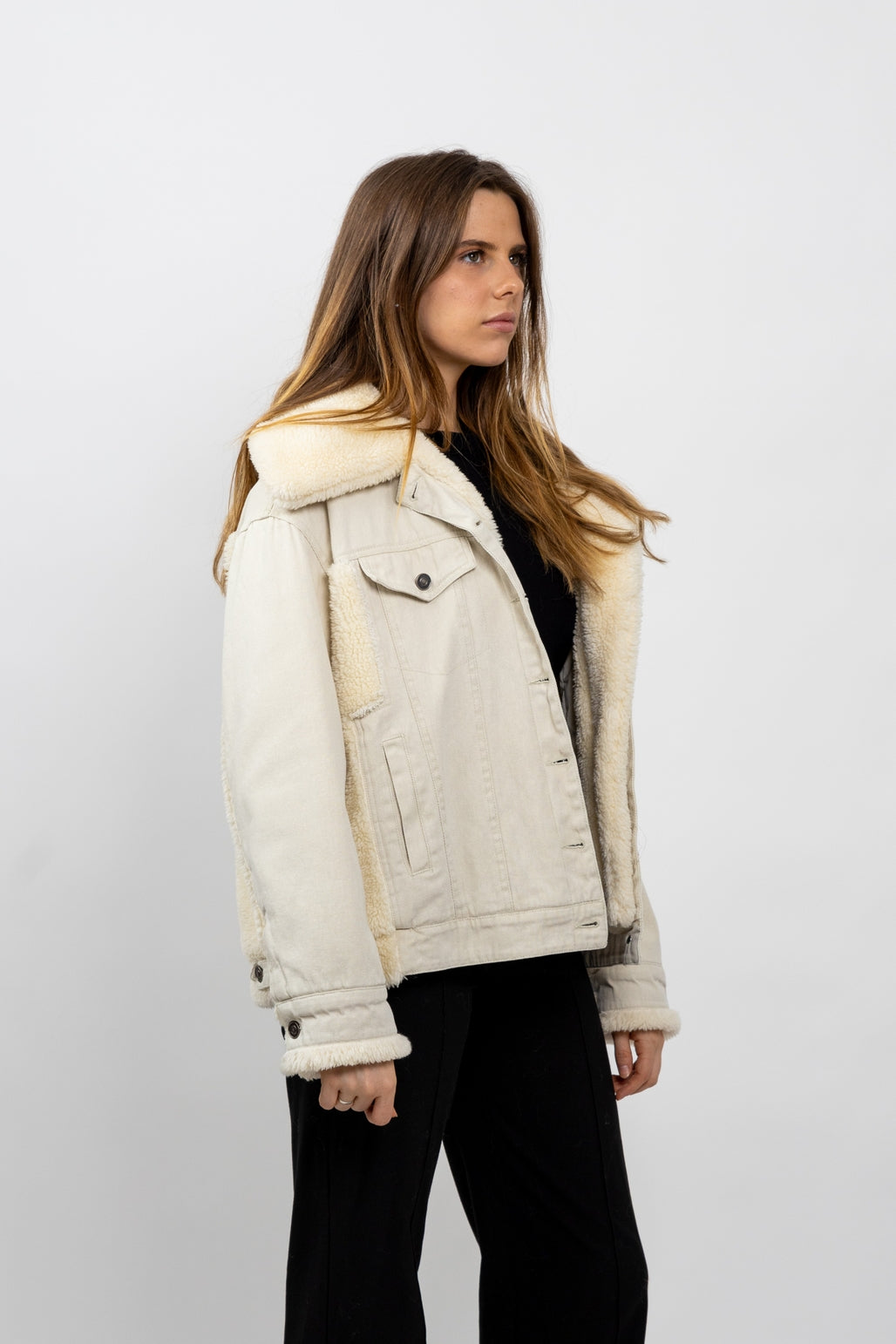 Oversized Denim Jacket with Shearling Details