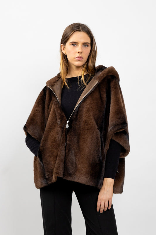 Striped Faux Fur Hooded Cape