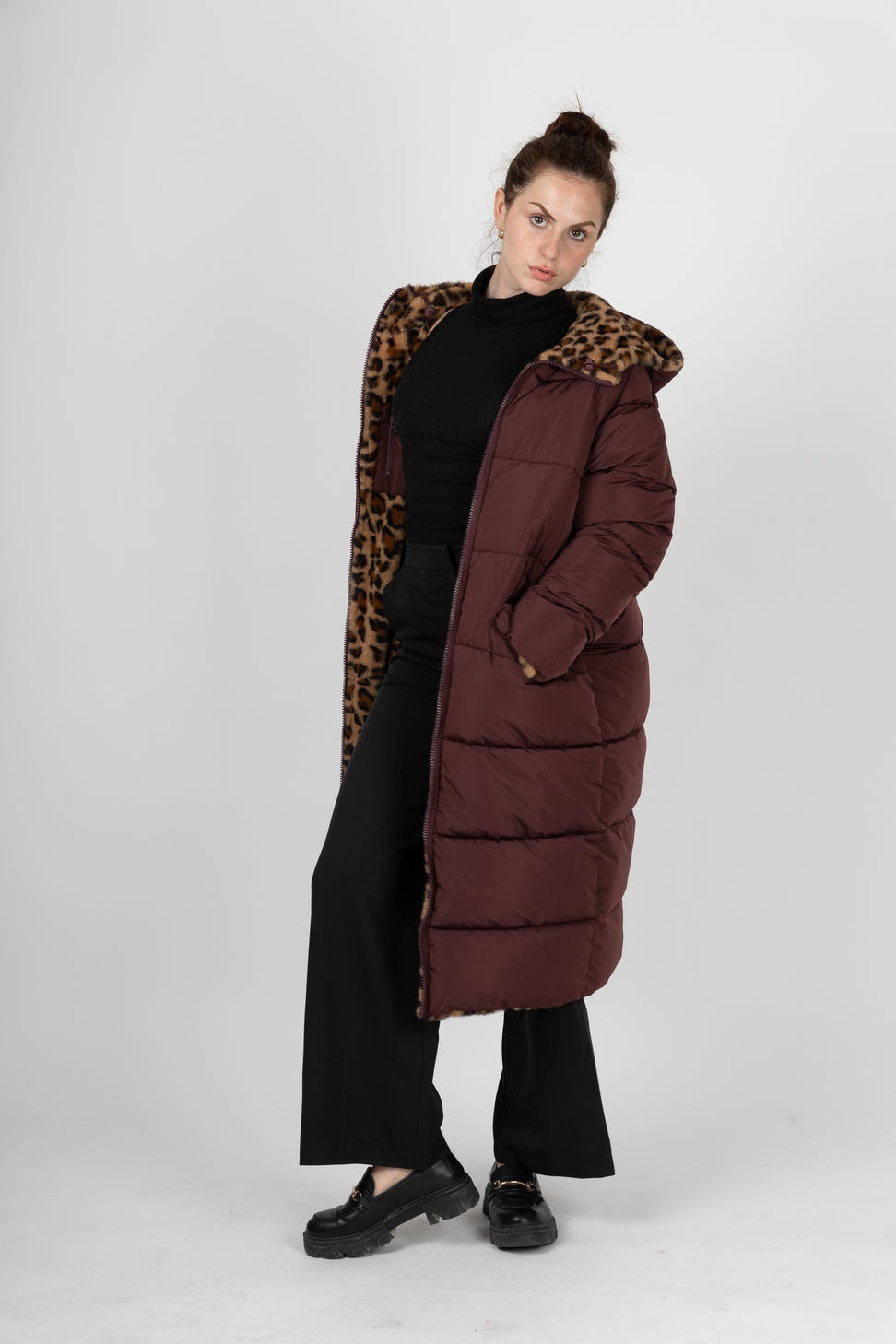 Reversible Long Leopard Puffer Jacket