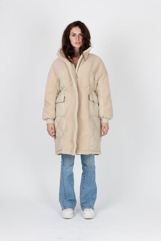 Two-Tone Coat with Faux Sheepskin Fur
