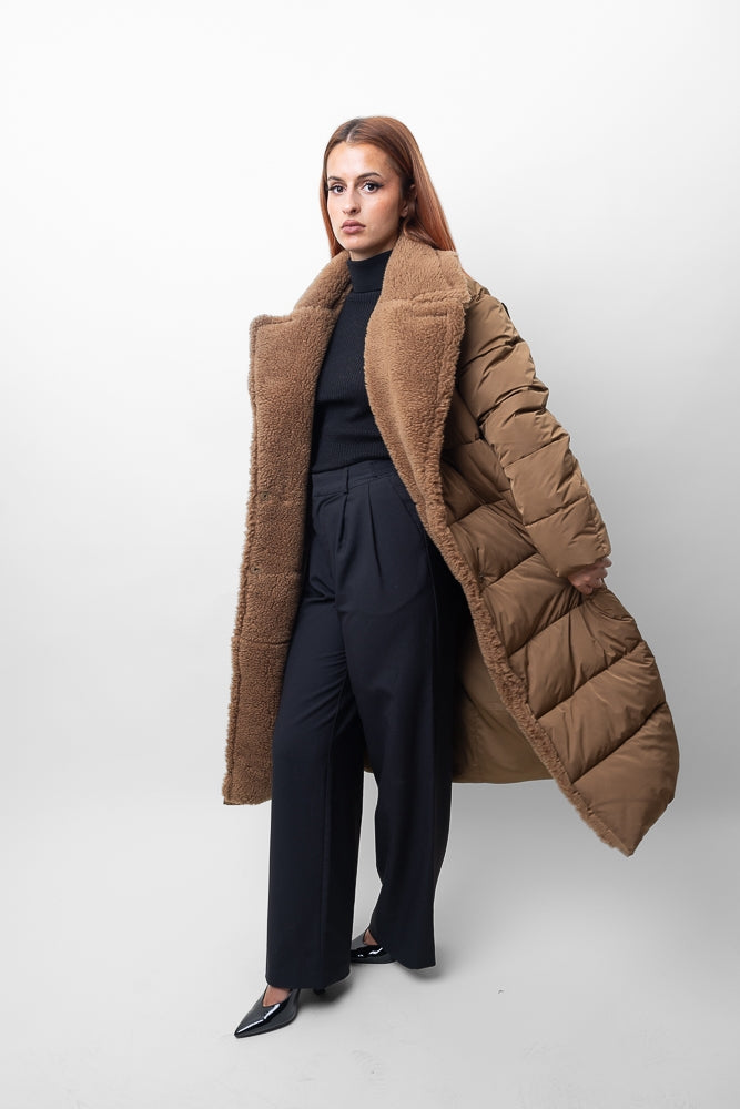 Long Down Jacket with Shearling-Effect Collar