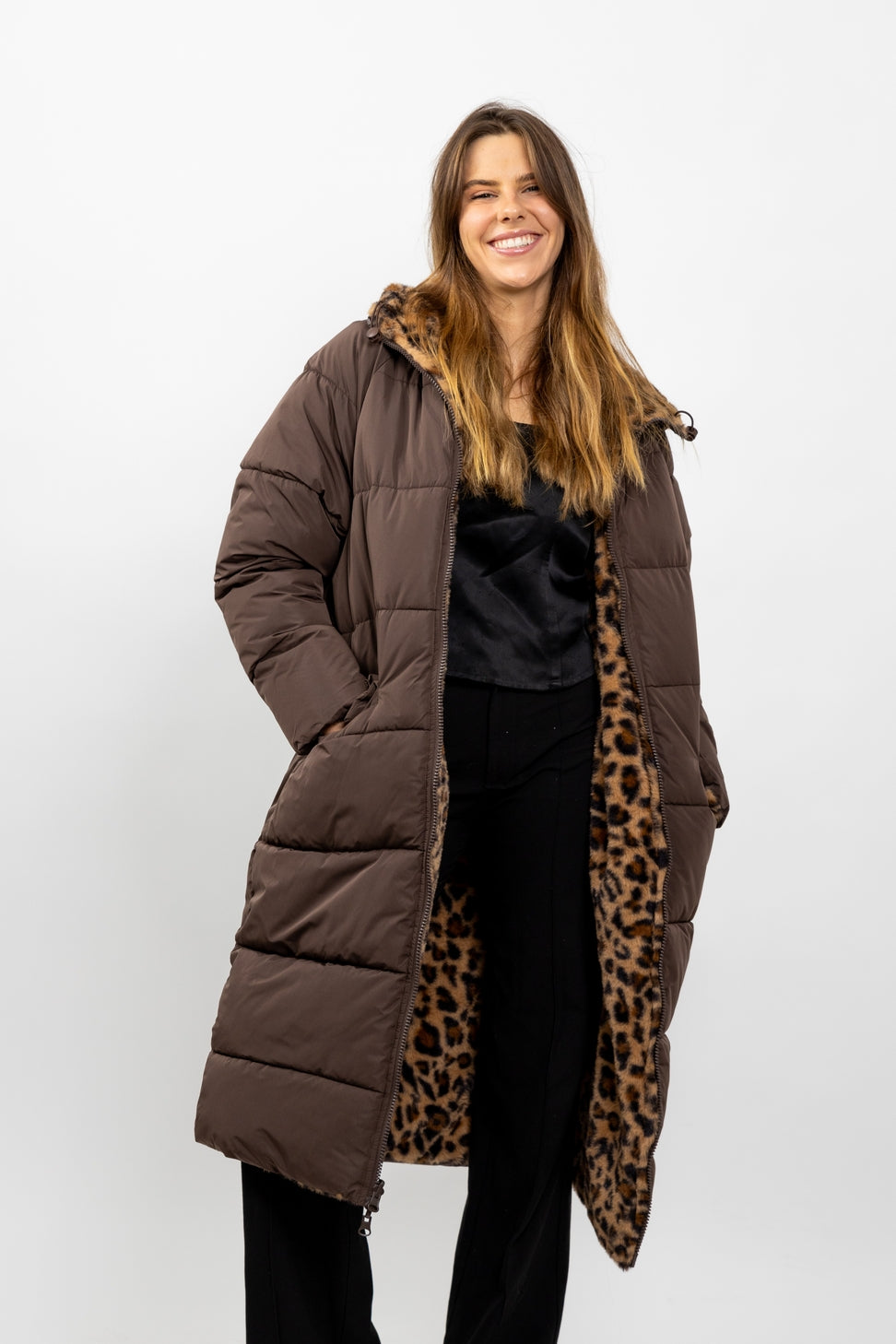 Reversible Long Leopard Puffer Jacket