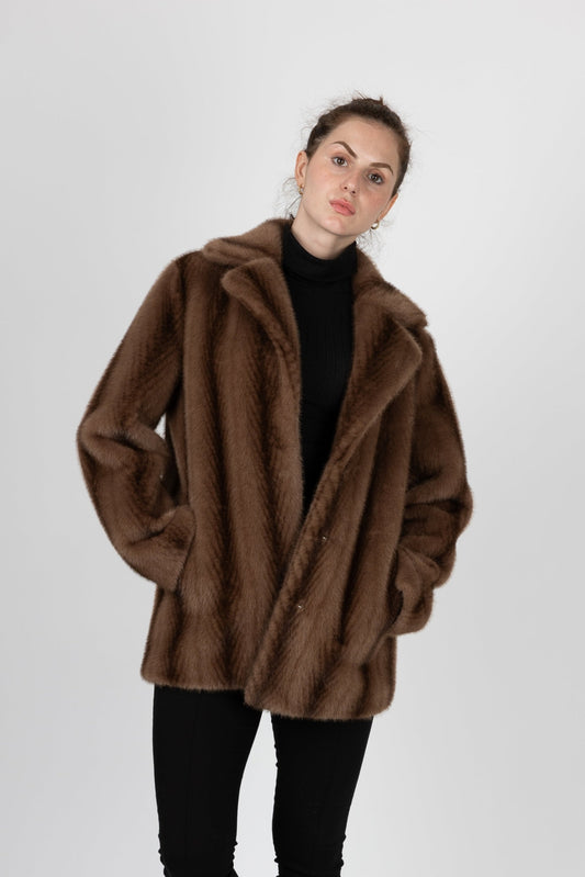 Mid-Length Striped Faux Fur Coat