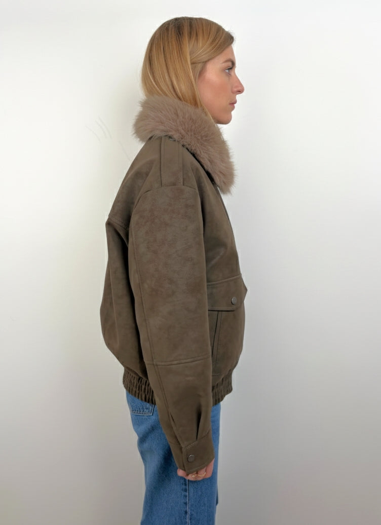 Suede-Effect Jacket with Faux Fur Collar