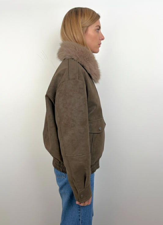 Suede-Effect Jacket with Faux Fur Collar