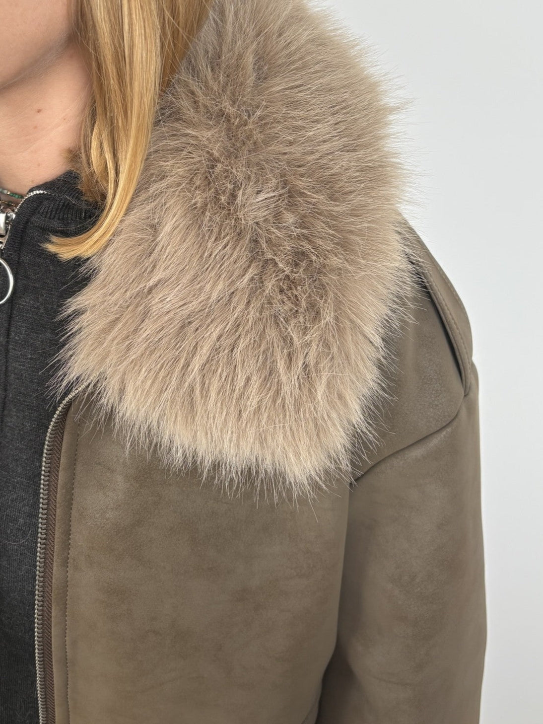 Suede-Effect Jacket with Faux Fur Collar