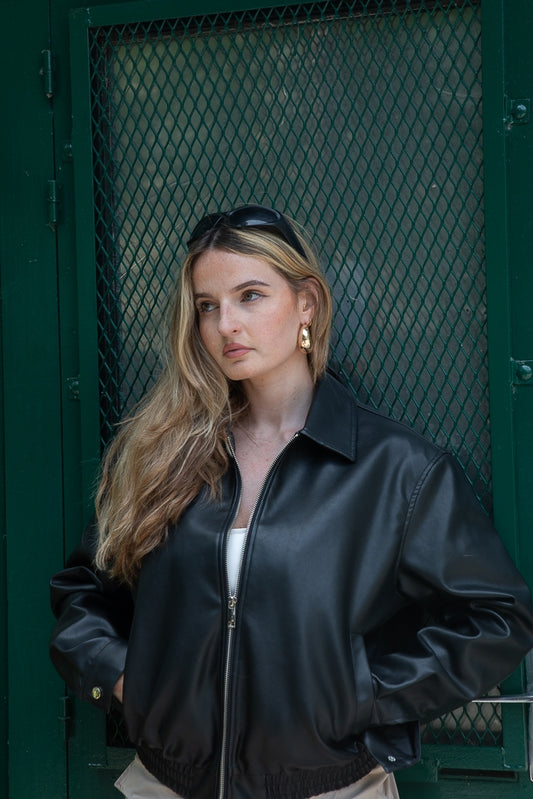 Oversized Black Faux Leather Bomber Jacket