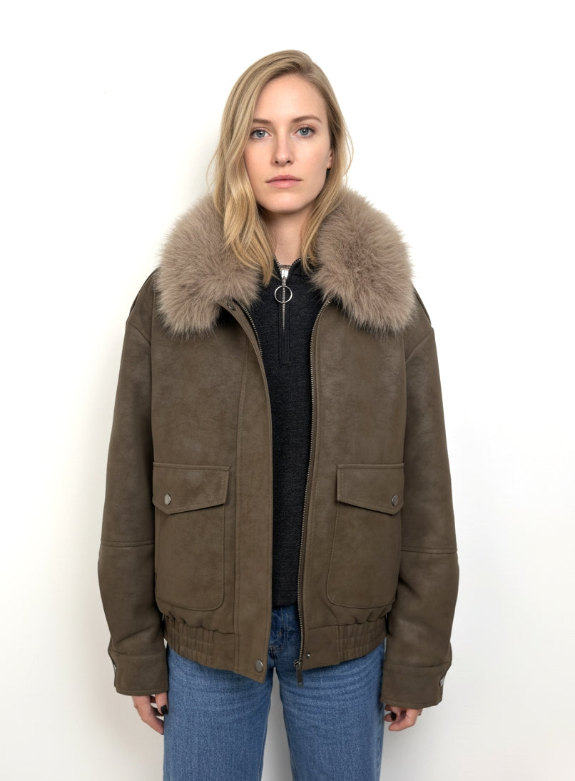 Suede-Effect Jacket with Faux Fur Collar