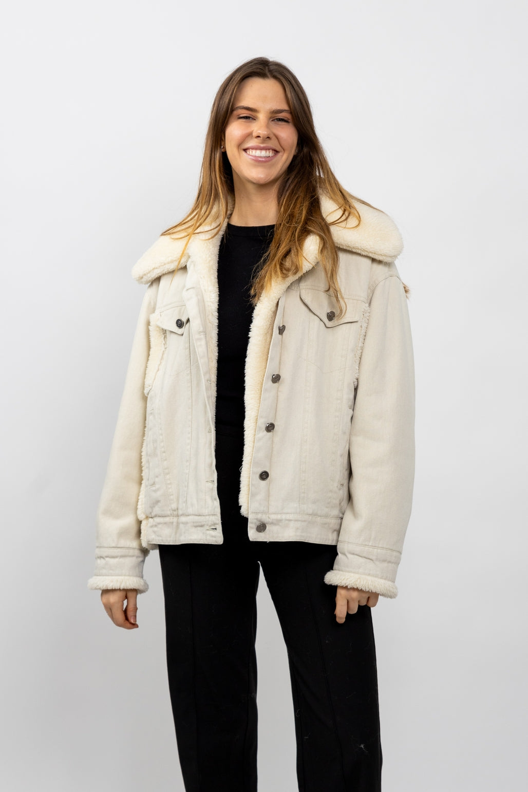 Oversized Denim Jacket with Shearling Details