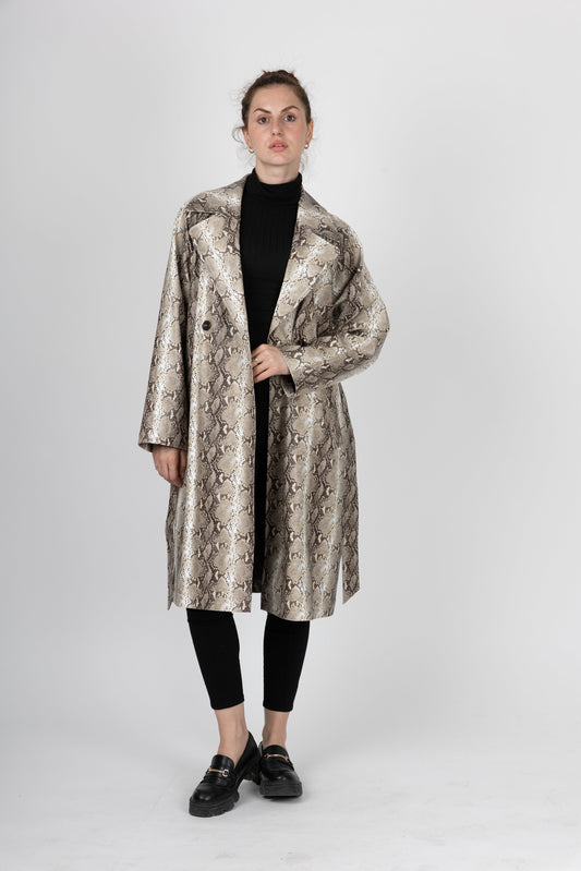 Python Print Faux Leather Trench Coat