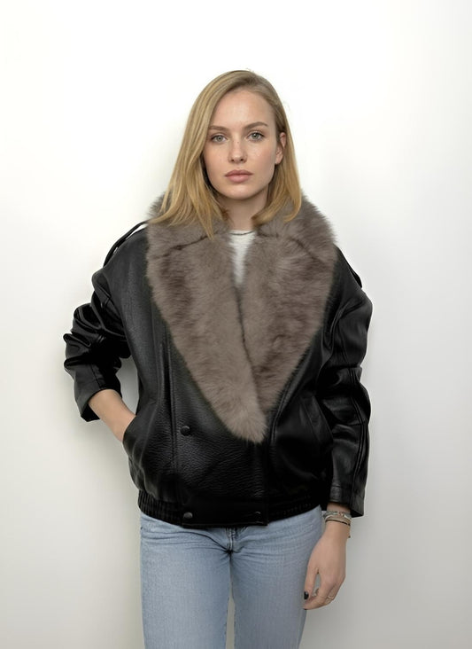 Faux Leather Jacket with Faux Fur Collar