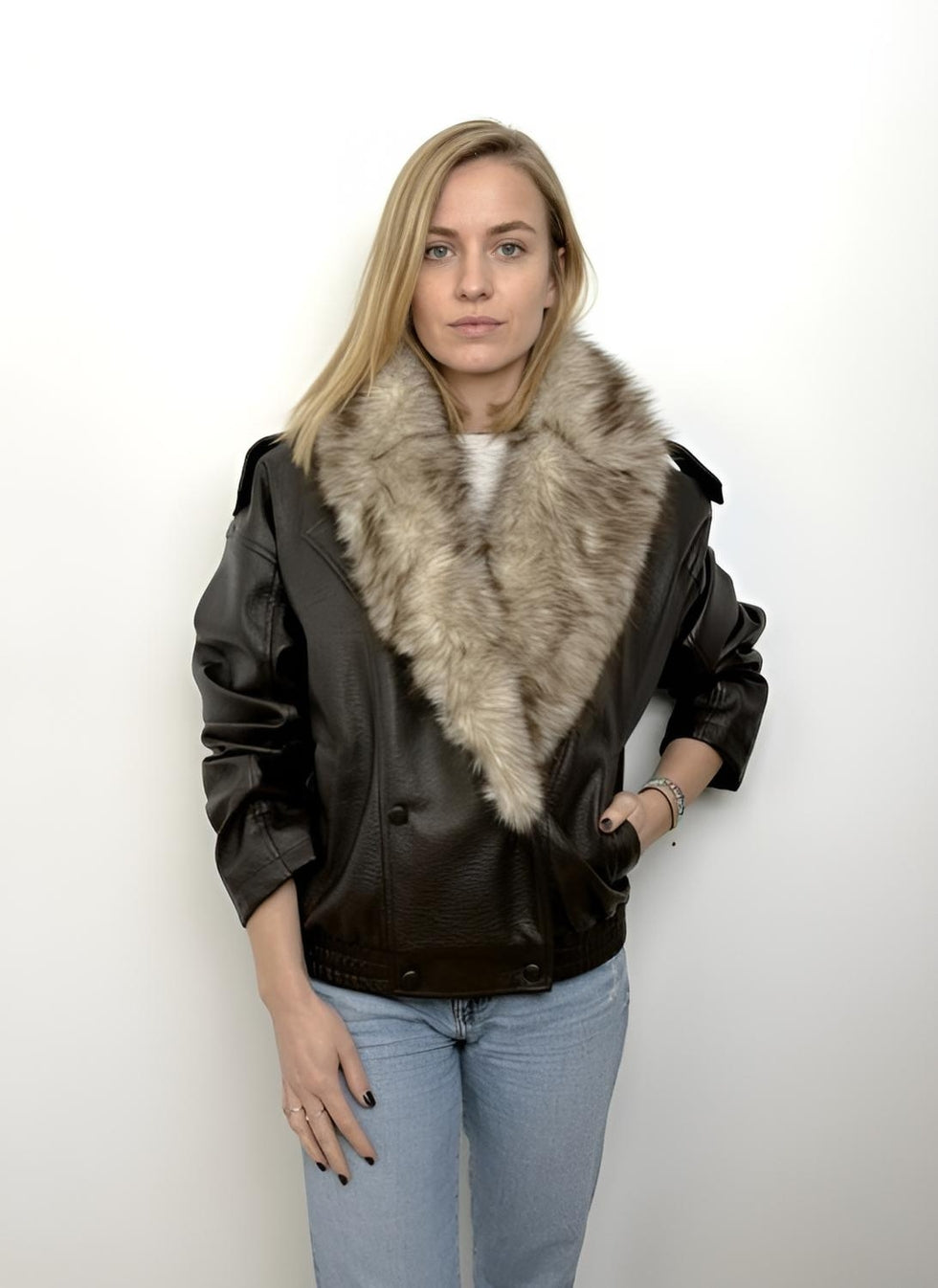 Faux Leather Jacket with Faux Fur Collar