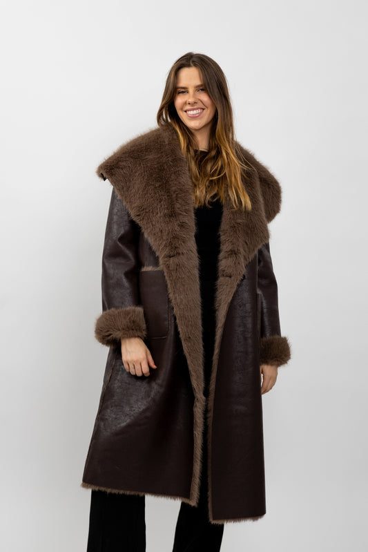 Reversible Long Coat Faux Fur / Faux Leather