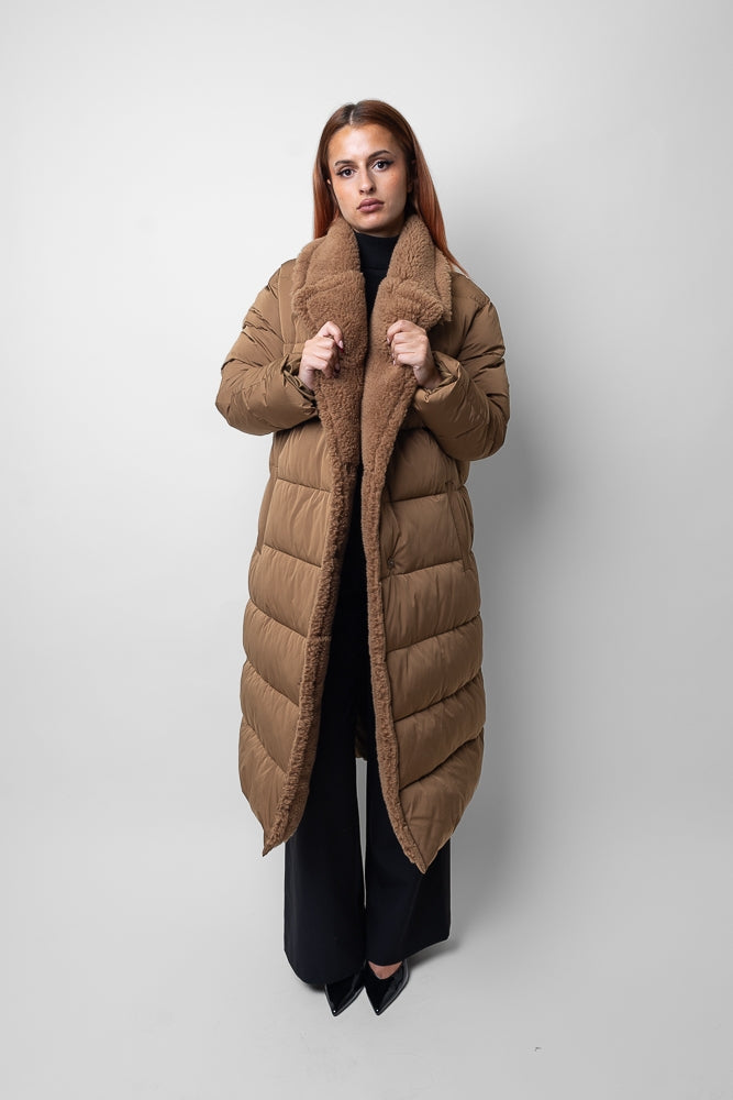 Long Down Jacket with Shearling-Effect Collar