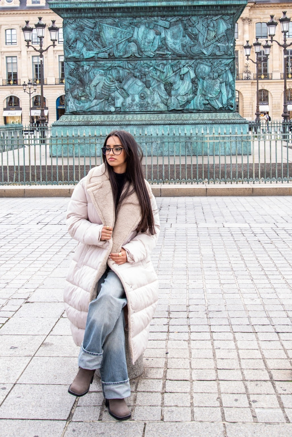 Long Down Jacket with Shearling-Effect Collar