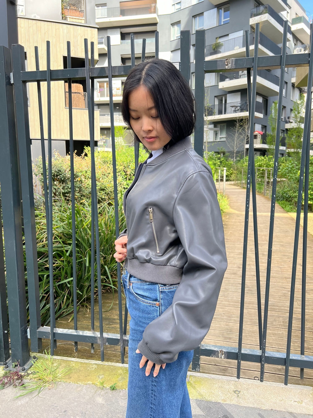 Faux Leather Short Bomber Jacket