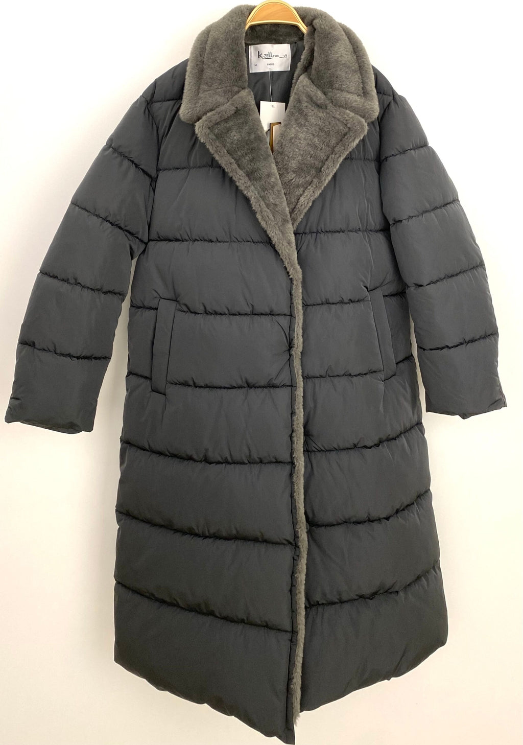 Long Down Jacket with Shearling-Effect Collar